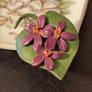 Vintage Hinterland Handcrafts Canadian Leather Violet Brooch